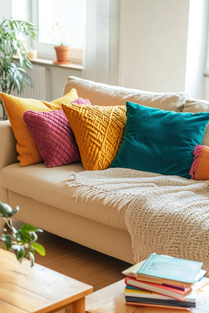 10. Play with Colorful Throw Pillows