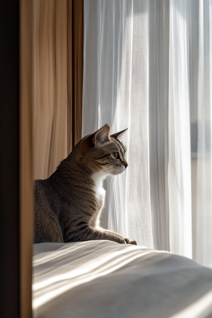 11. Hidden Cat Shelves Behind Curtains
