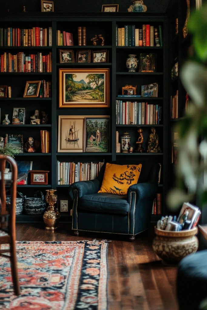 11. Incorporate Dark Bookcases & Open Shelving