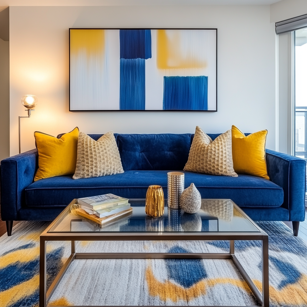 13. Blue Couch with a Pop of Mustard
