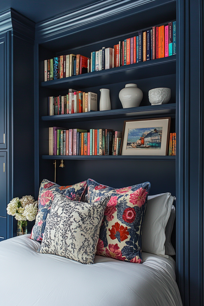13. Built-In Navy Bookshelves