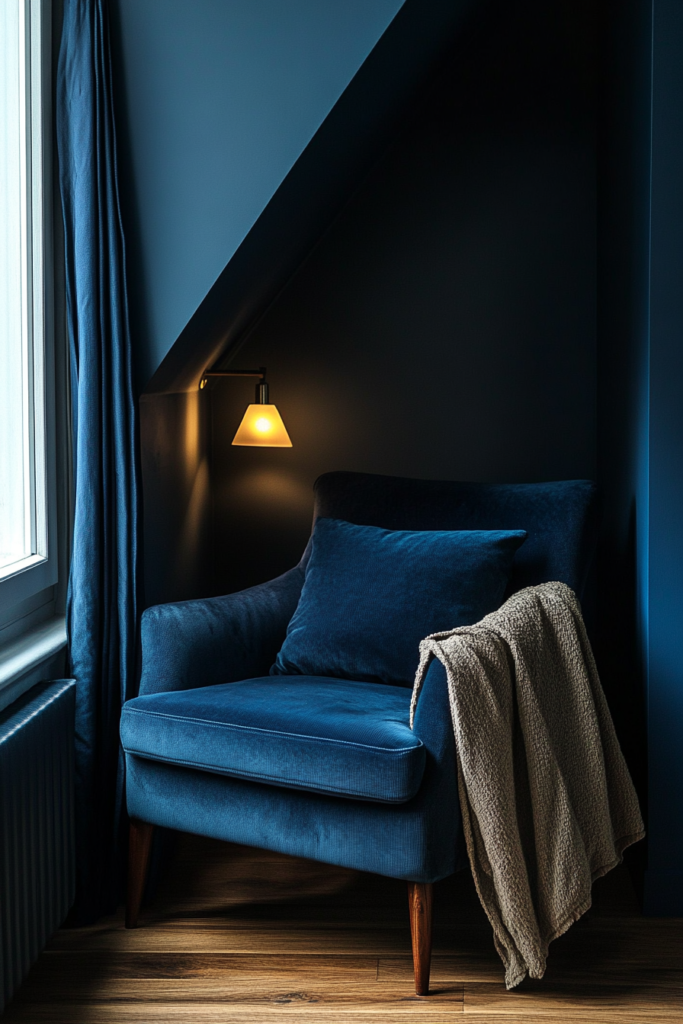 14. Cozy Navy Blue Reading Nook
