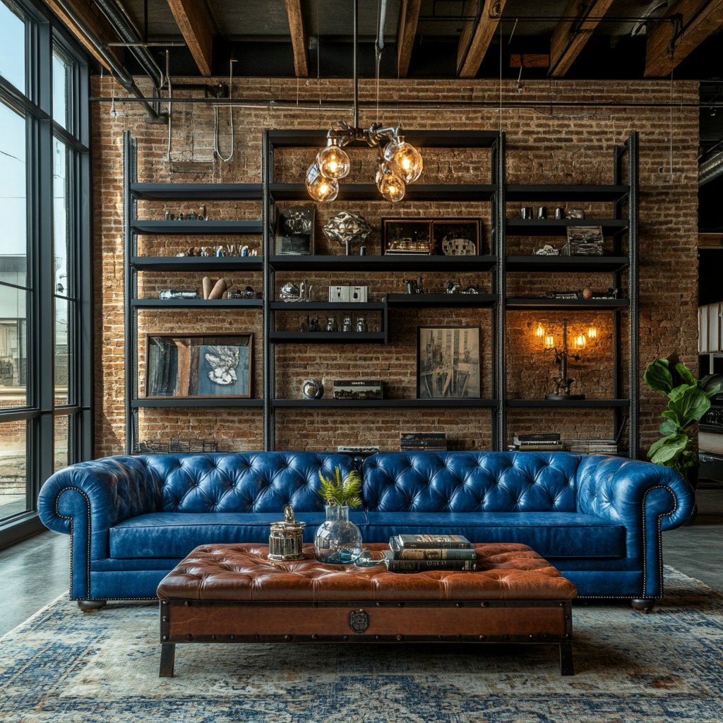 14. Industrial Edge with a Blue Couch
