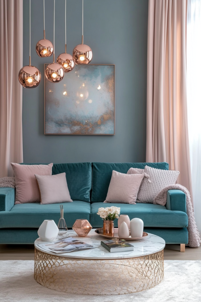 14. Teal and Blush Pink for a Soft Contrast