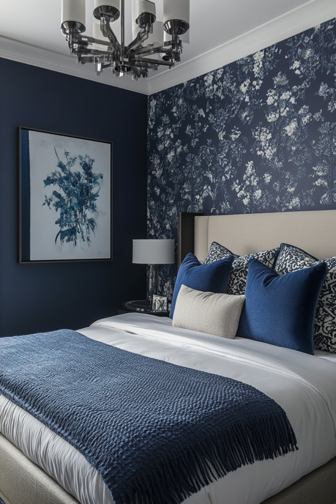 15. Navy Patterned Wallpaper for Drama