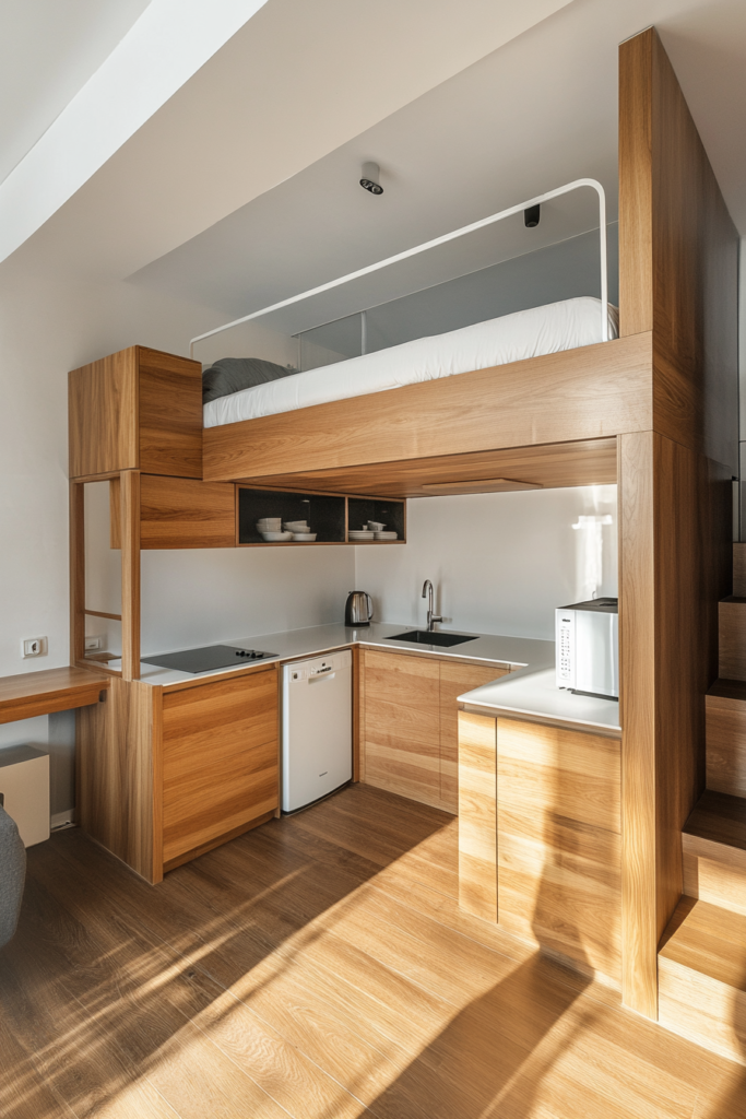 16. Loft Bed with a Kitchenette Below