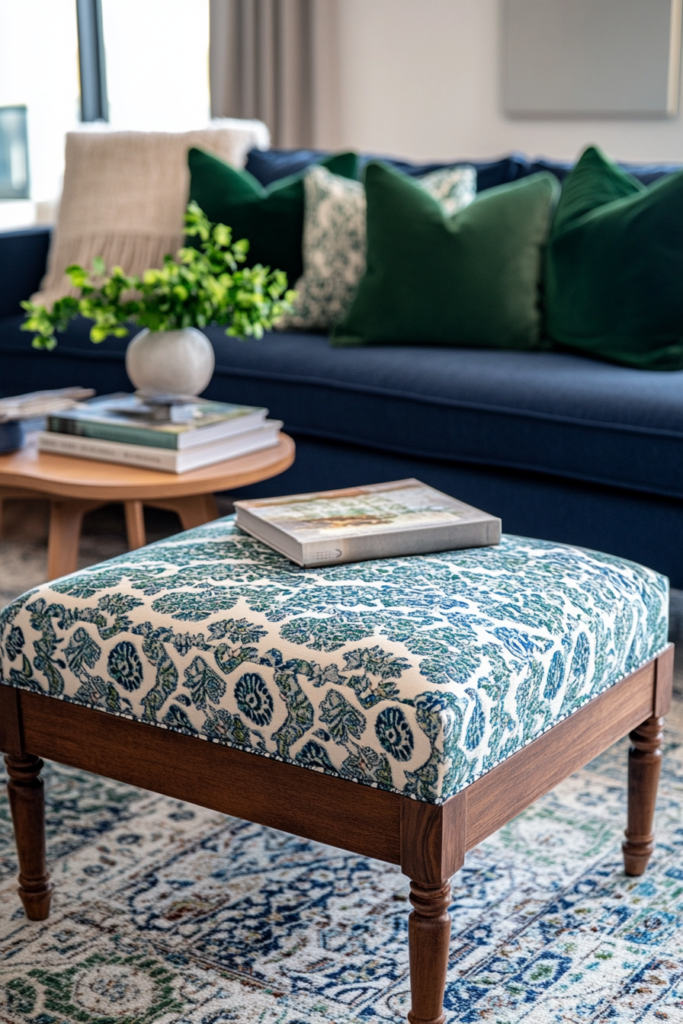 17. Blue and Green Upholstered Ottoman for Functionality and Style