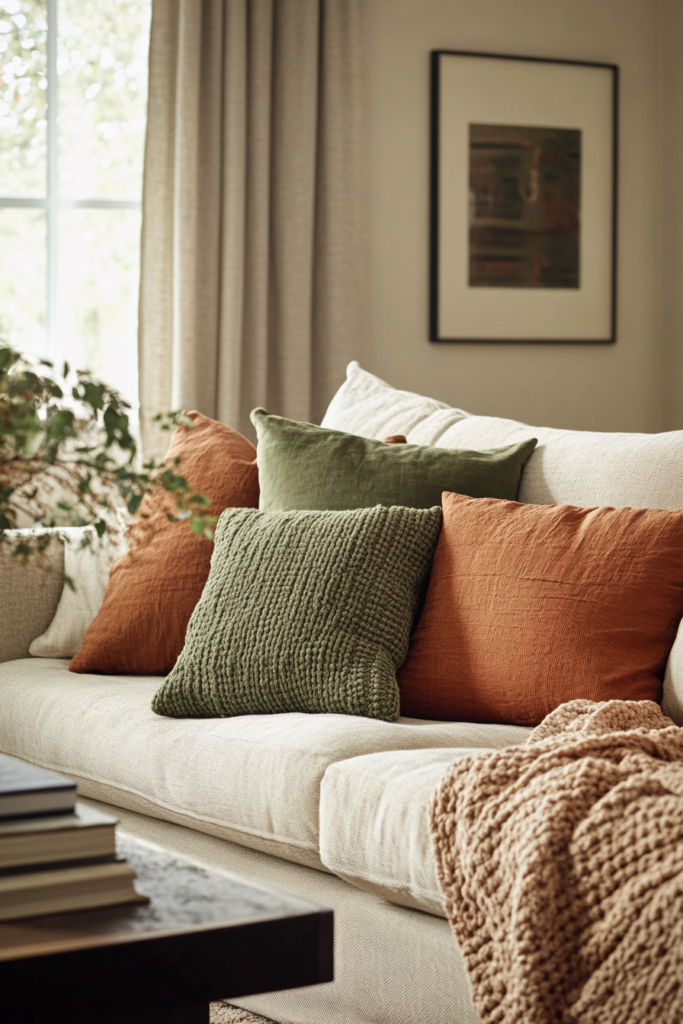 17. Earth-Toned Throw Pillows and Blankets