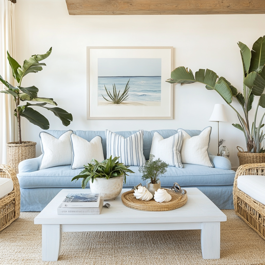 2. Coastal Vibes with a Blue Couch