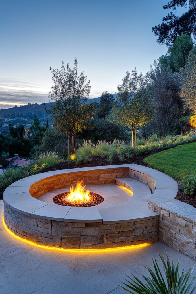 21. Fire Pit with Seating Built Into a Retaining Wall