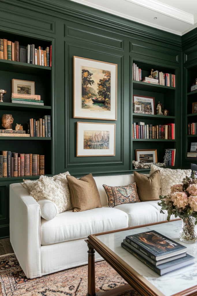 23. Forest Green Built-In Bookshelves