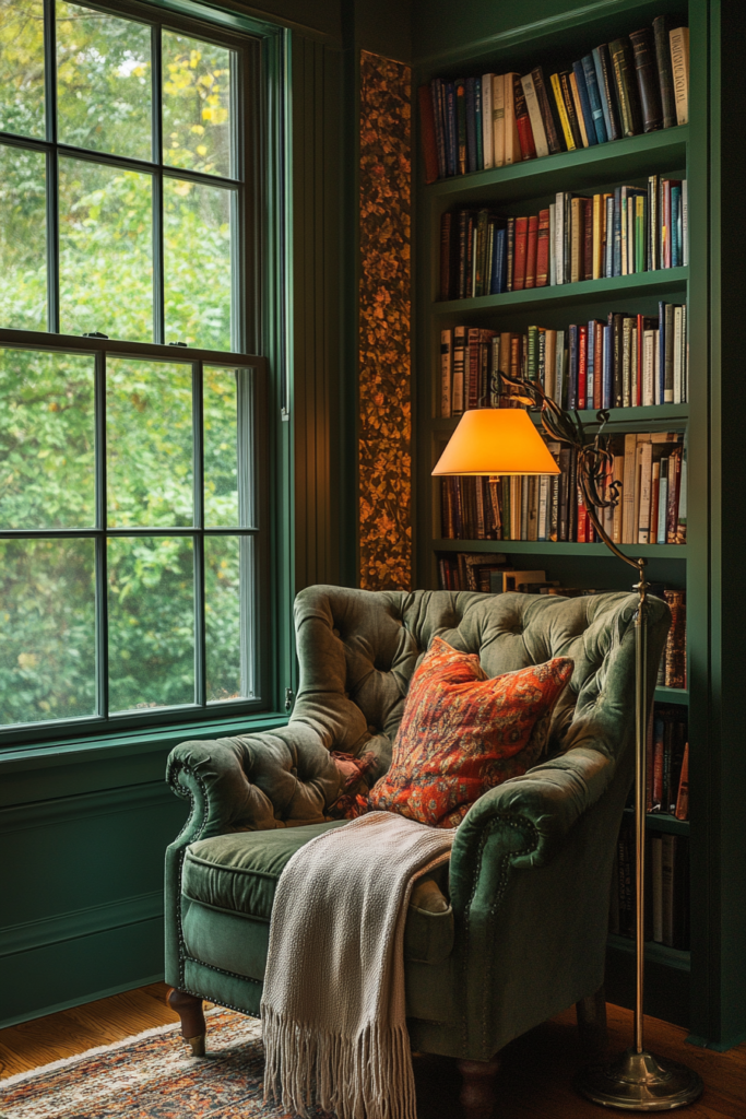 25. Cozy Up with a Green Reading Nook