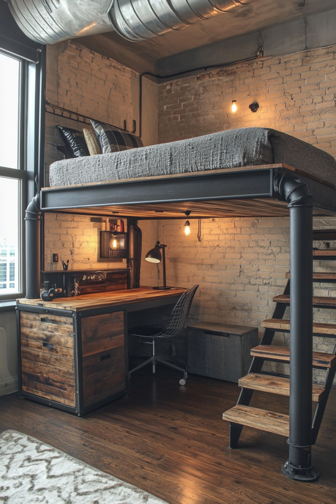 3. Industrial-Style Metal Loft Bed