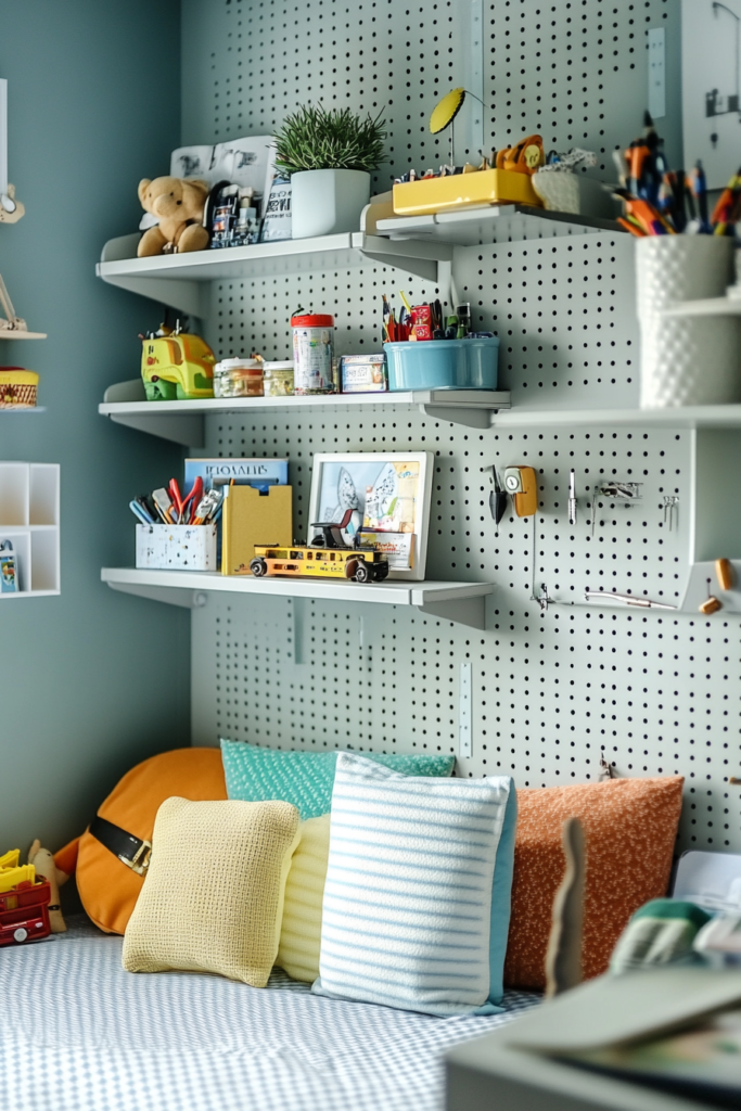 4. Wall-Mounted Shelves and Pegboards