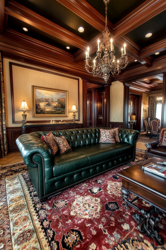 5. Traditional Elegance: Deep Green and Rich Woods