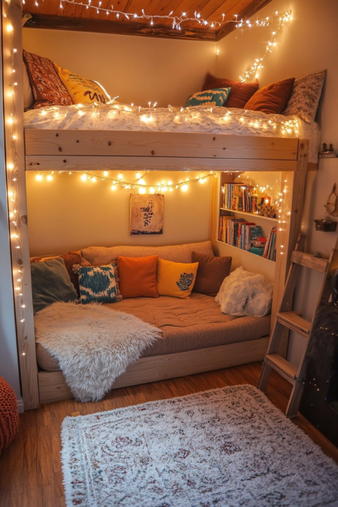 6. Loft Bed with a Cozy Lounge Area