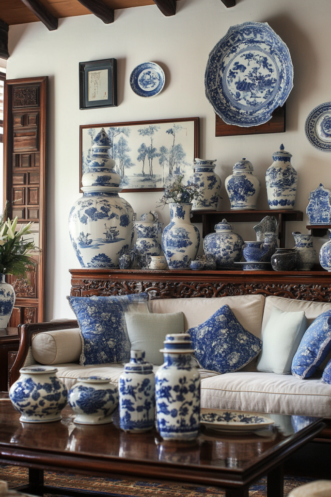 8. Decorate with Blue and White Ceramics