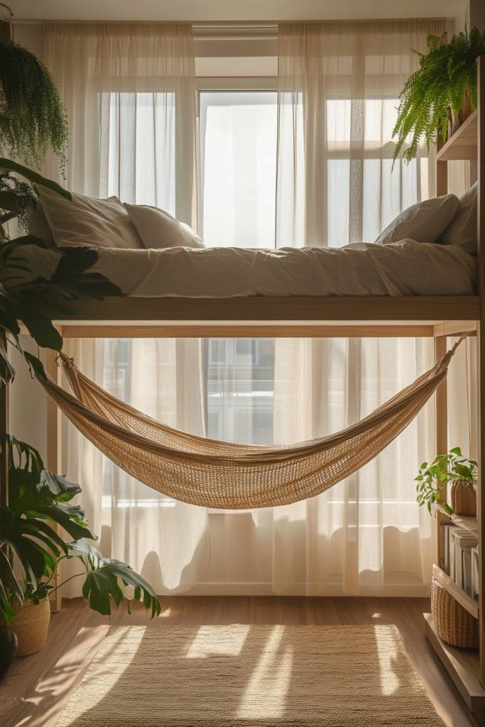 8. Loft Bed with a Hammock Underneath