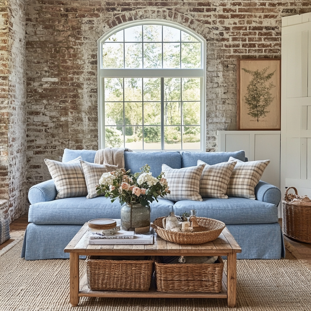 9. Rustic Charm with a Blue Couch
