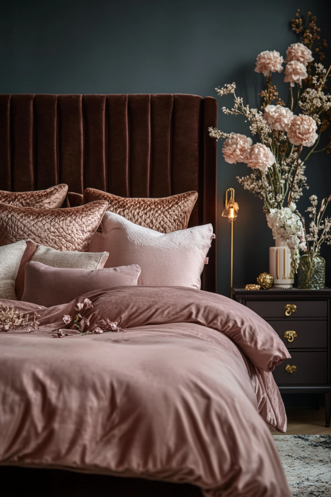 13. Luxurious Brown Velvet with Soft Pink Sheets