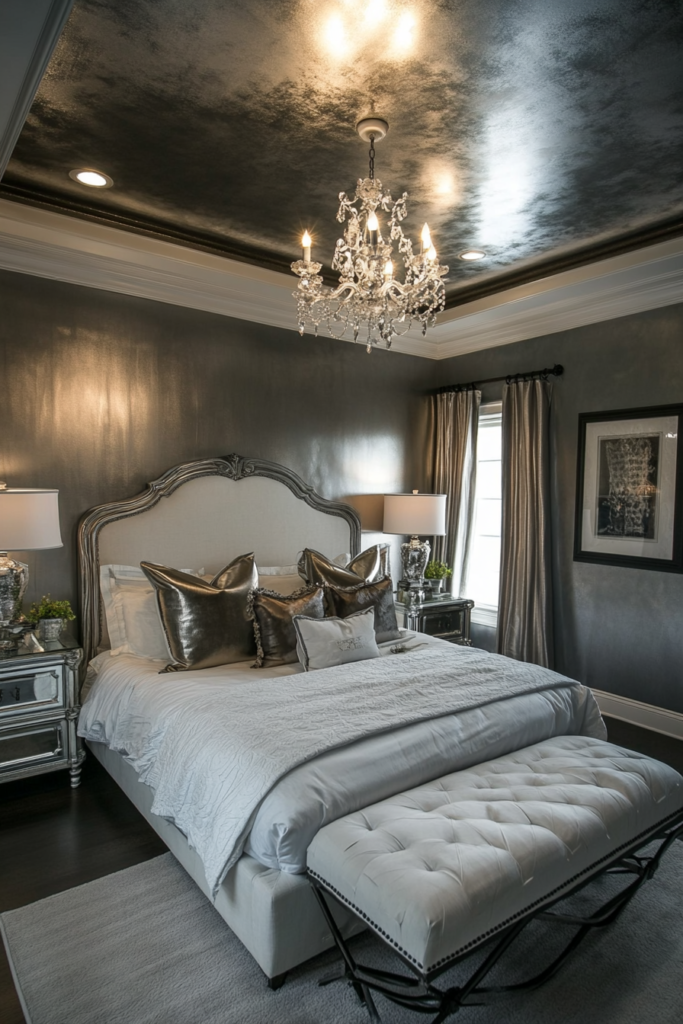 13. Metallic Silver Ceiling for a Bold Look