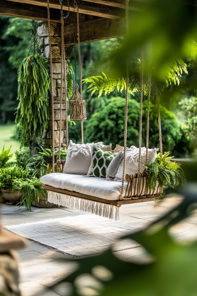 13. Patio with a Swing for Relaxing Moments