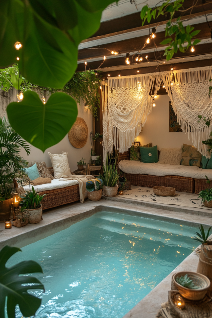 15. Boho Pool Vibe with Macramé and Plants