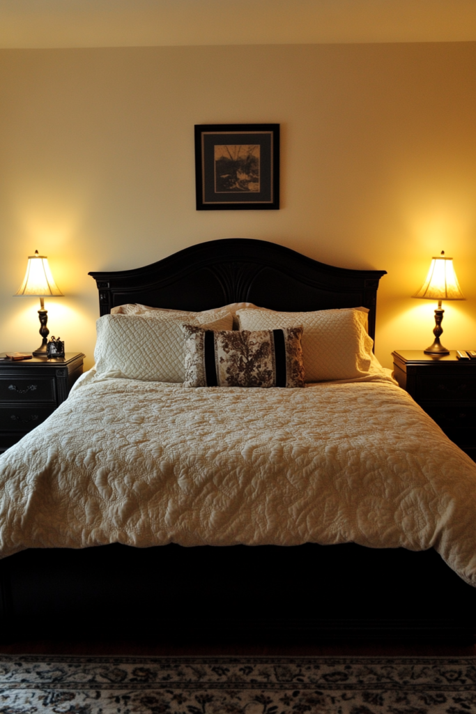 16. Black Nightstands with Cream Lamps