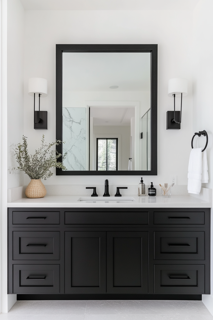 17. Black Framed Mirrors and Lighting