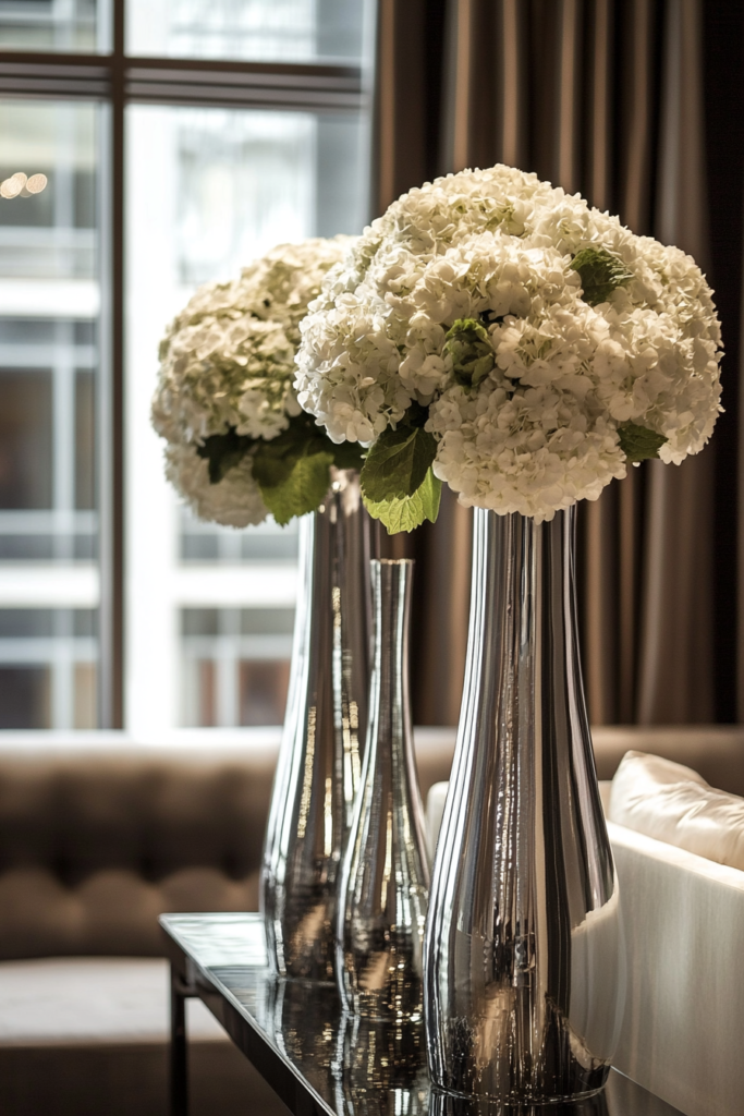 18. Metallic Silver Vases with Fresh White Flowers