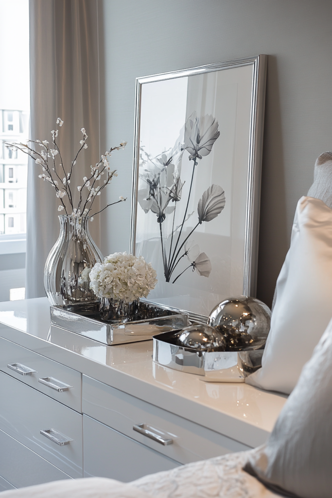 19. Glossy White Dressers with Chrome Accents