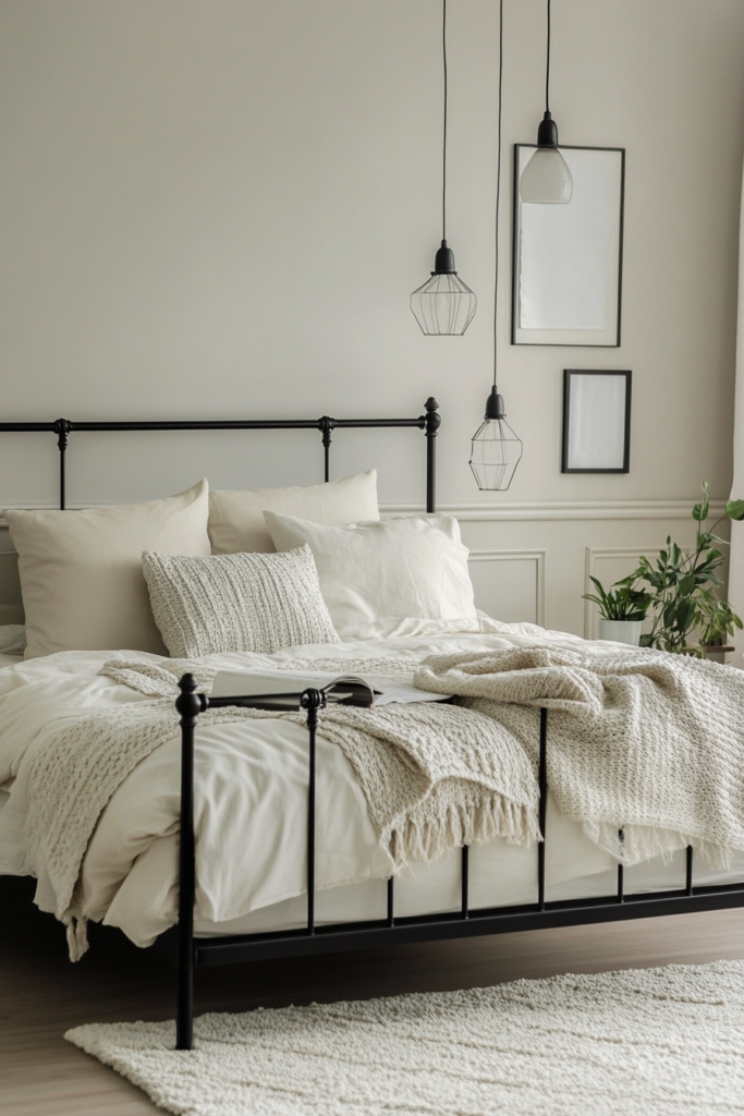 3. Black Metal Bed Frames with Cream Linens