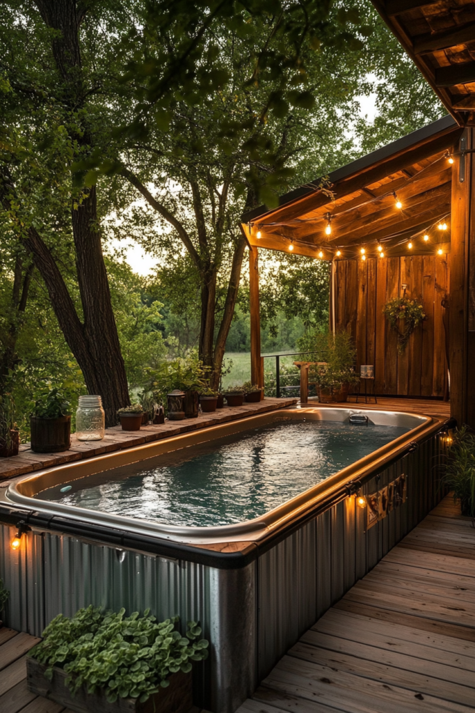 9. Rustic Farmhouse Pool with Galvanized Siding