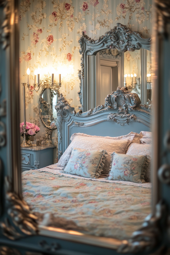 9. Vintage-Inspired Silver and Blue Bedroom