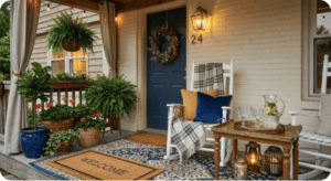 Beautiful porch decorated with plants, cozy seating, and inviting decor for a budget-friendly upgrad.