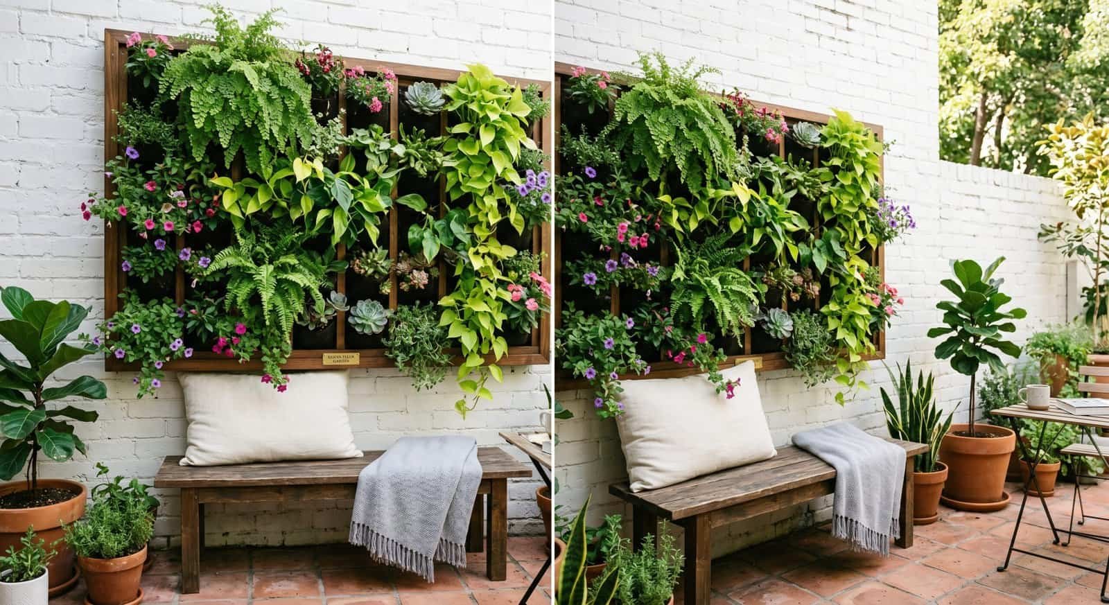Vertical garden wall with lush greenery and colorful flowers for outdoor patio decor.