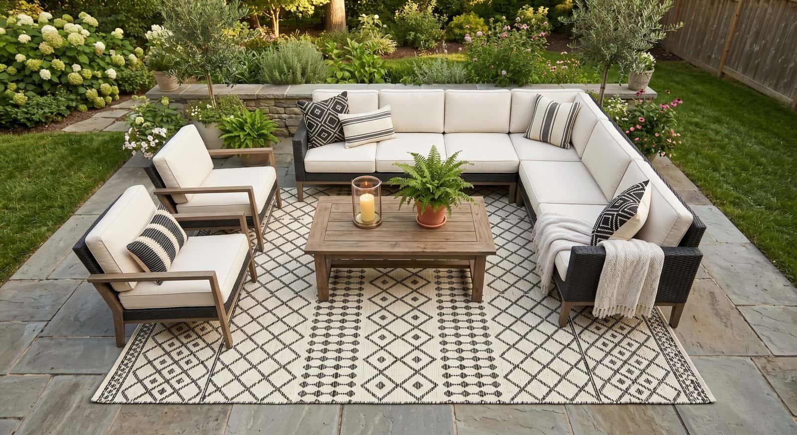 Outdoor patio furniture setup with comfortable sectional sofa and chairs for summer gatherings.