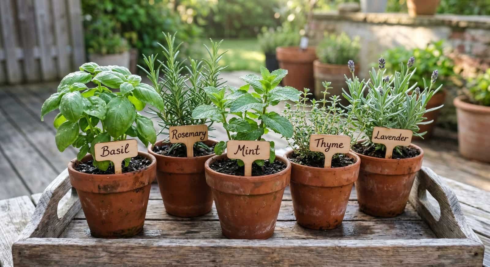 Herb garden with basil, rosemary, mint, thyme, and lavender in terracotta pots for outdoor patio enh.