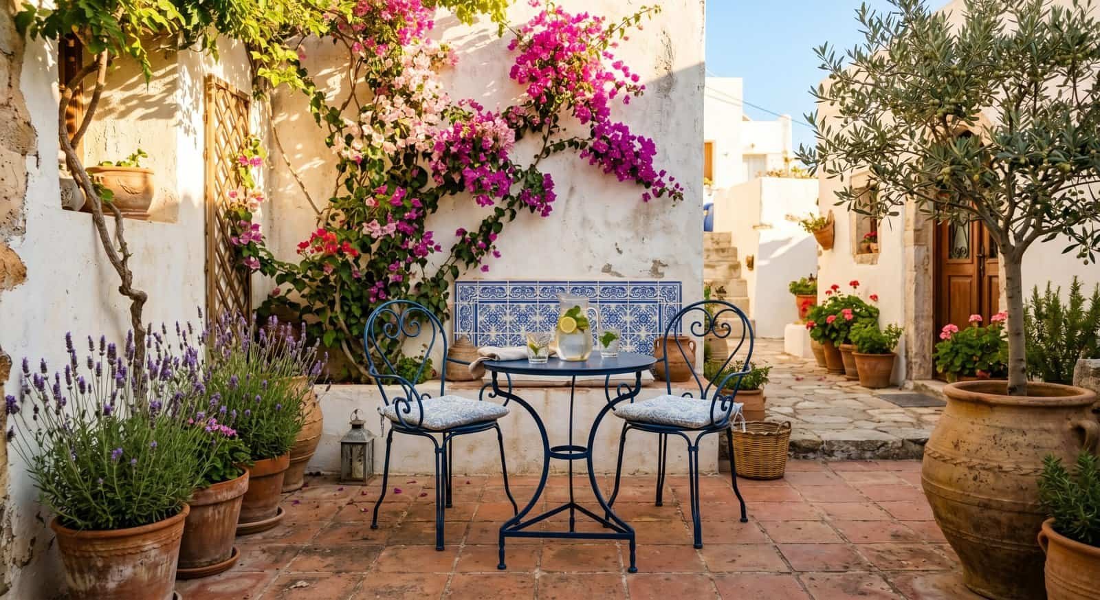 Outdoor patio with vibrant bougainvillea and cozy seating area.