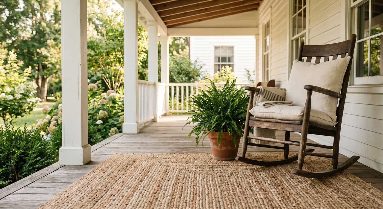 Comfortable porch with outdoor rug and rocking chair for relaxing outdoor spaces.