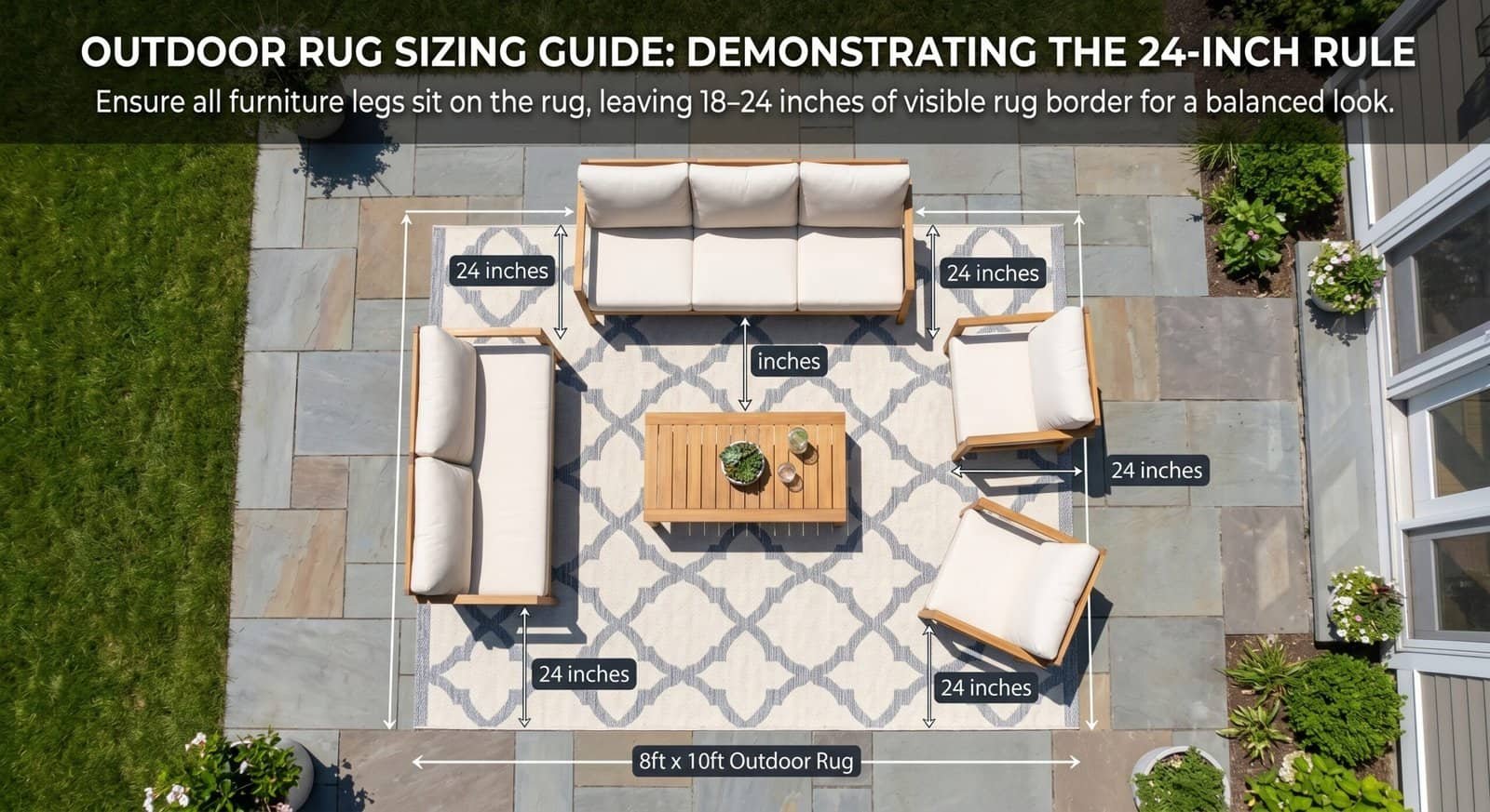 Outdoor rug with seating area on patio, perfect for enhancing outdoor living spaces.