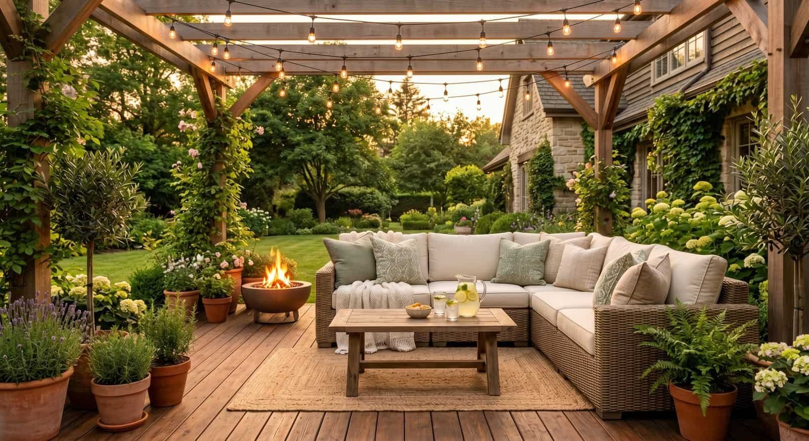 Beautiful outdoor patio with cozy seating, string lights, and lush greenery for summer relaxation.