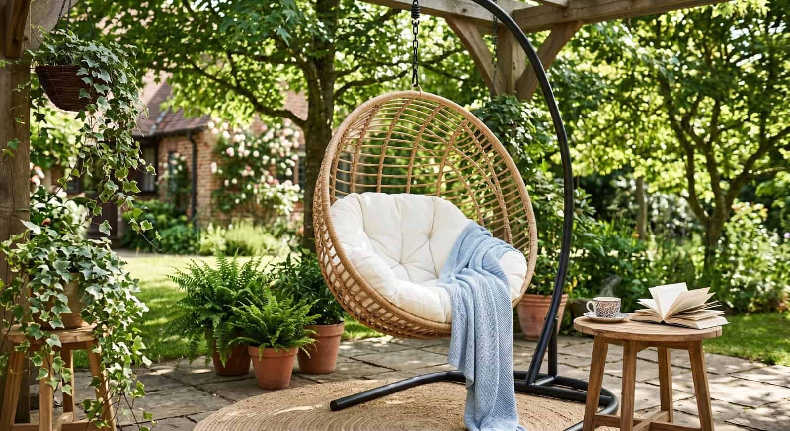 Rattan hanging swing chair in a lush garden setting for outdoor relaxation.