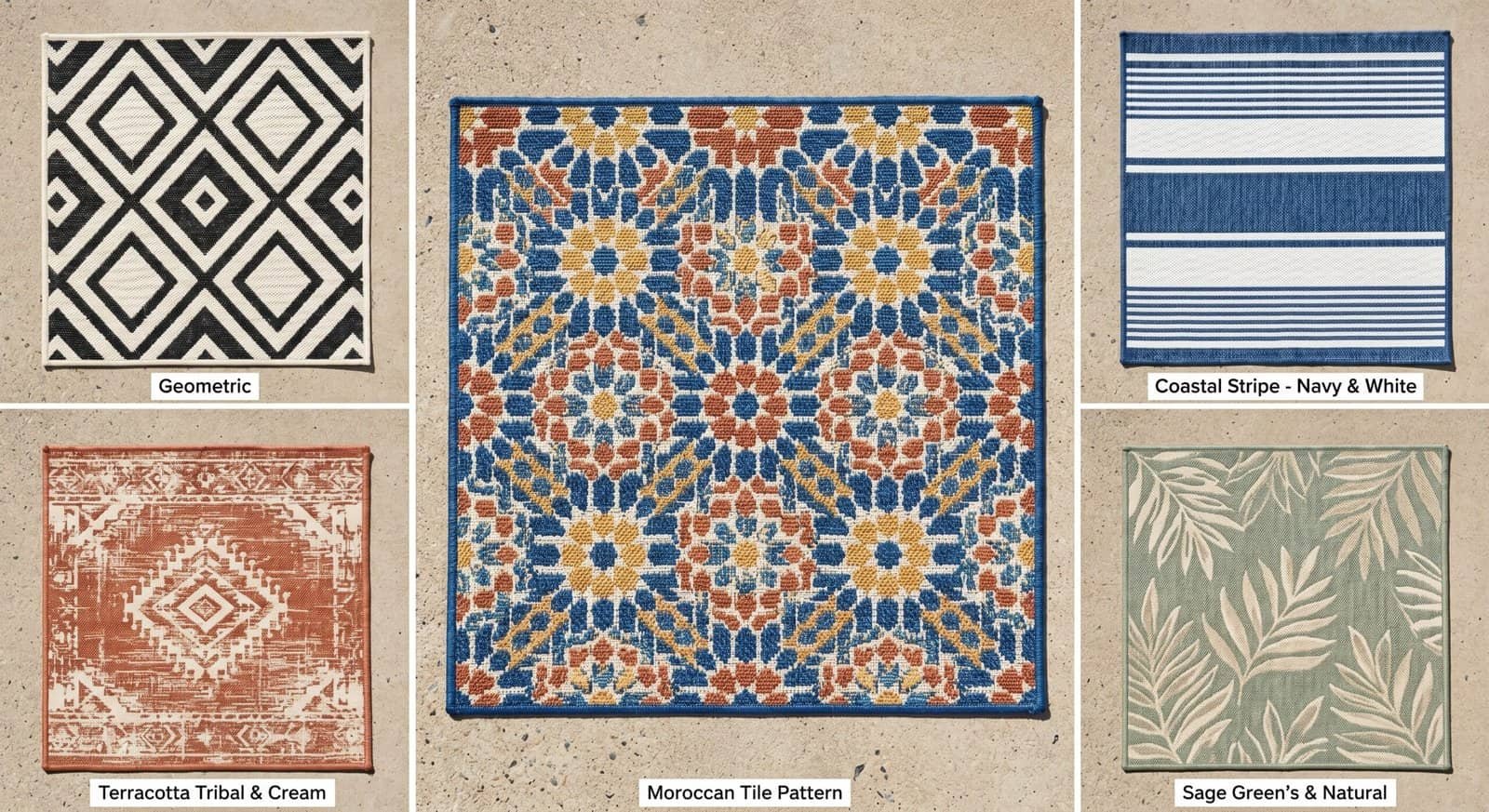 Colorful Moroccan tile pattern ideal for outdoor patios and decks.