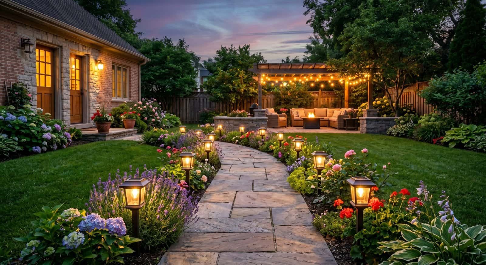 Beautiful backyard patio with garden lighting, perfect for summer outdoor gatherings.
