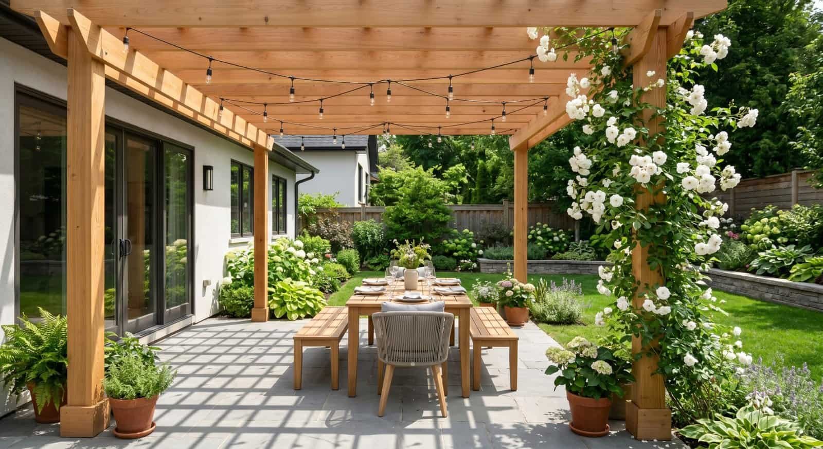 Beautiful outdoor patio featuring a wooden pergola, string lights, and vibrant plants for summer gat.