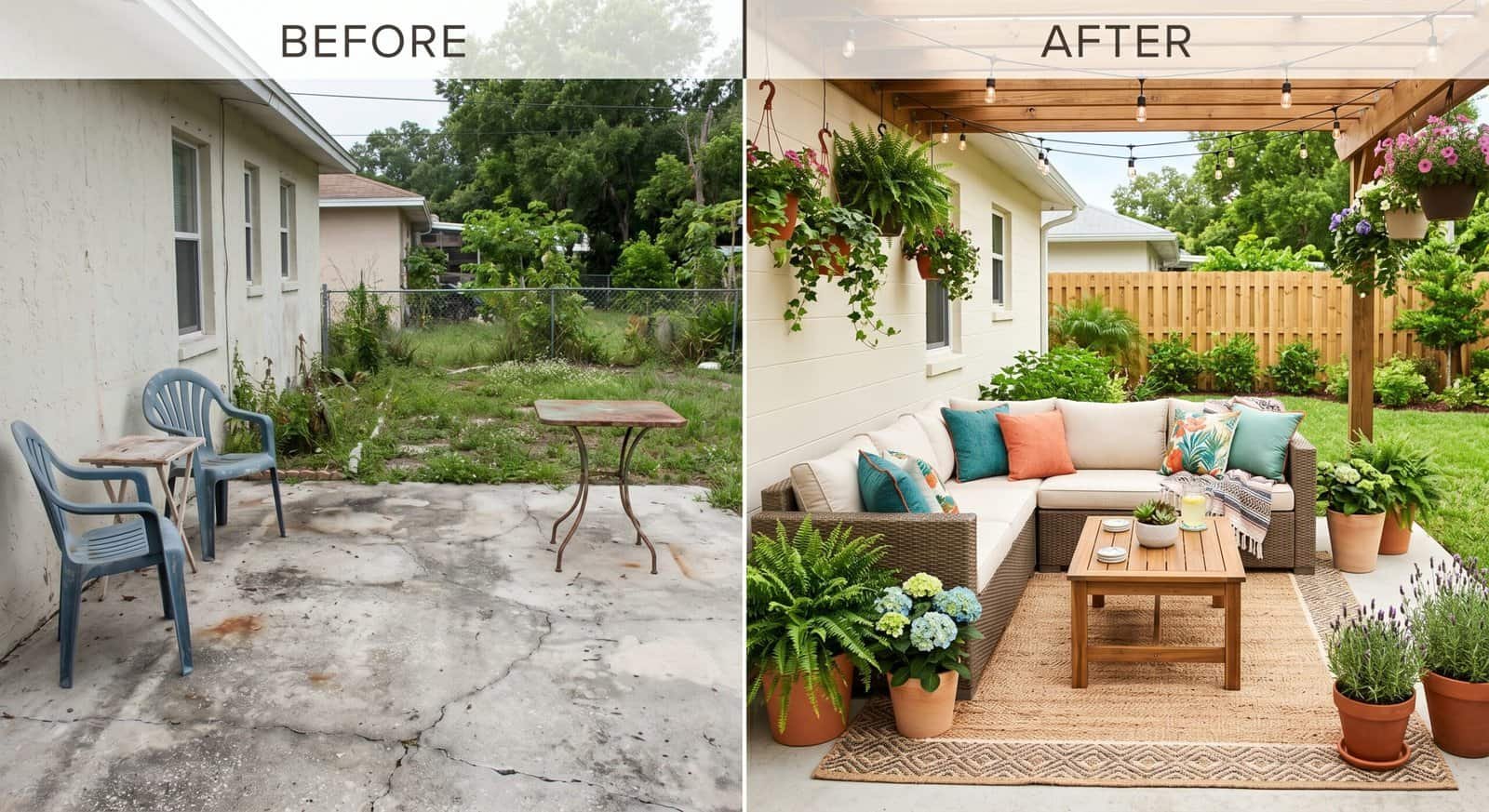 Beautiful outdoor patio transformation with stylish furniture and lush greenery. Perfect for summer.