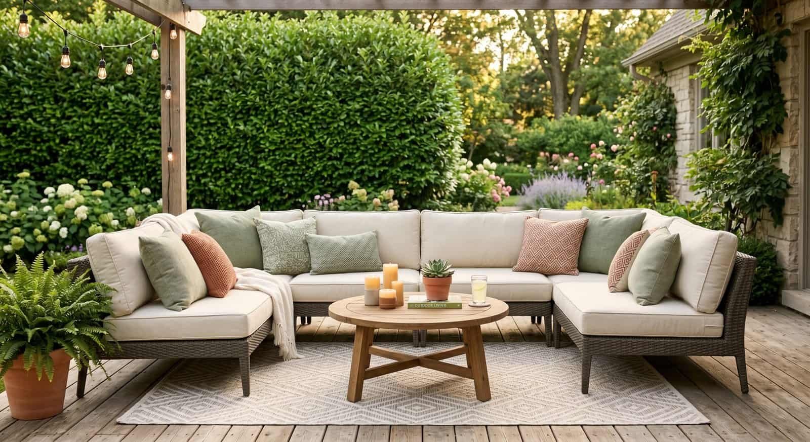 Comfortable outdoor sectional sofa with cushions on a wooden deck in a lush garden setting.