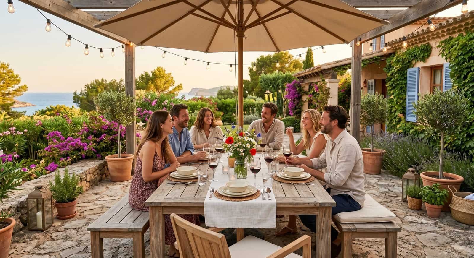 Outdoor patio dining area with a large wooden table, umbrella, and lush greenery, perfect for summer.