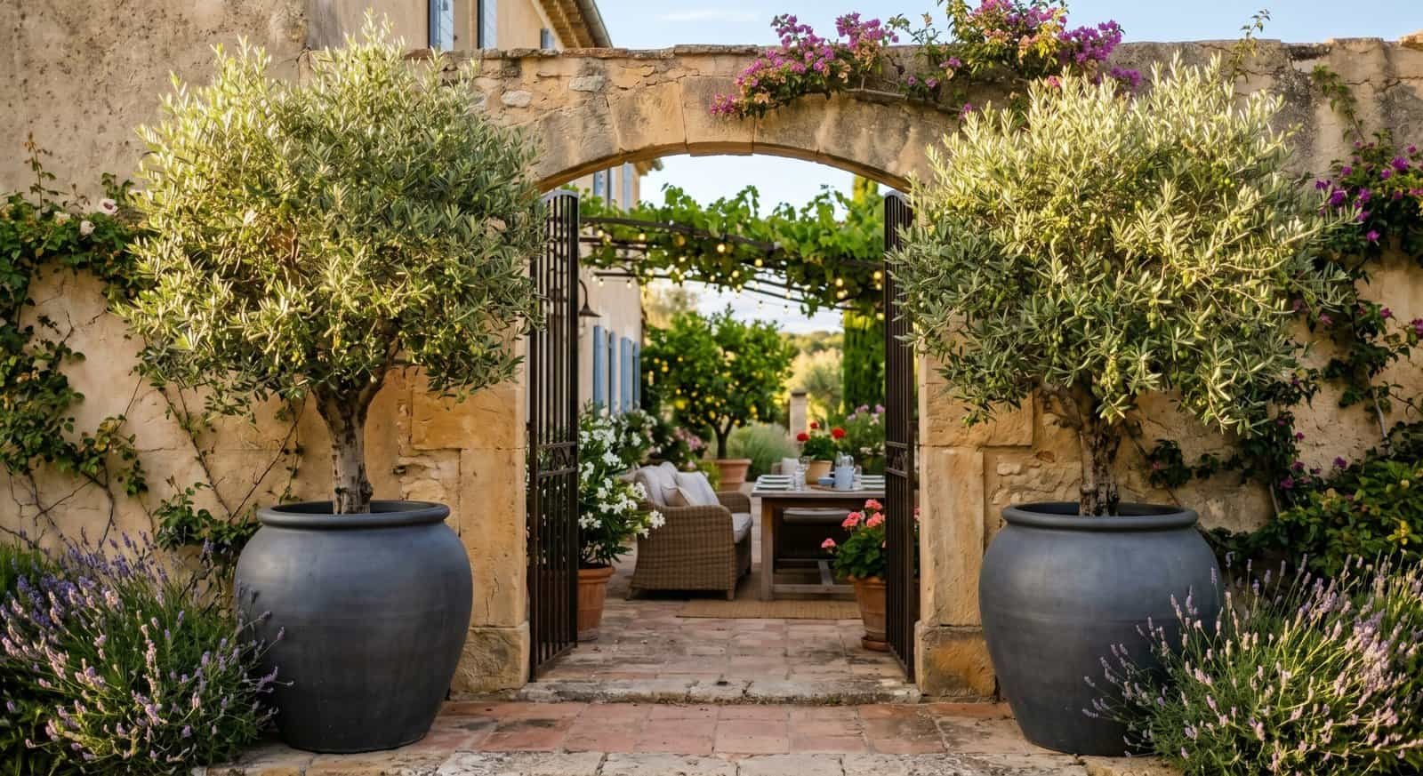 Beautiful outdoor patio featuring large planters, vibrant flowers, and cozy seating area for summer.